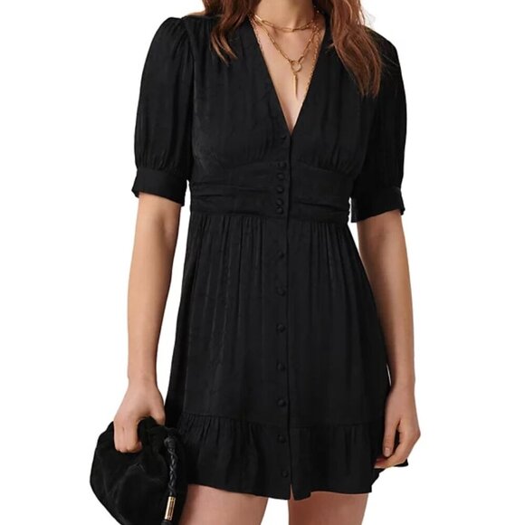 BA&SH Daniela Mini Dress Black Satin Puff Sleeve Subtle Print Size XS Women's - Picture 1 of 12